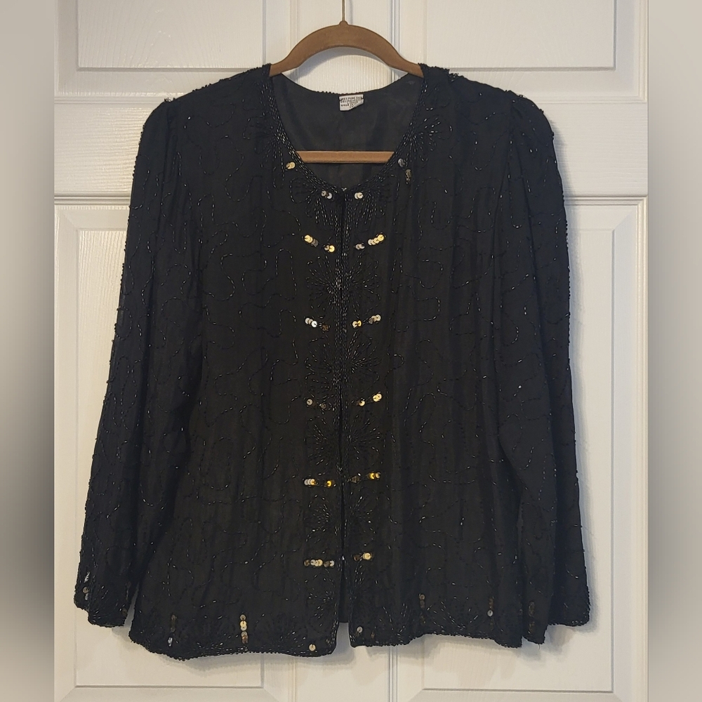 Vintage Black Beaded Silk Evening Hook/eye Jacket Size 1X Whimsigoth Fairycore